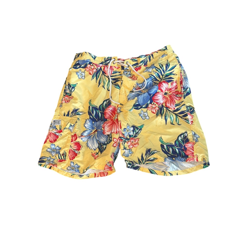 Polo Ralph Lauren Men's XL Yellow Hibiscus Hawaiian Swim Trunks Board Shorts